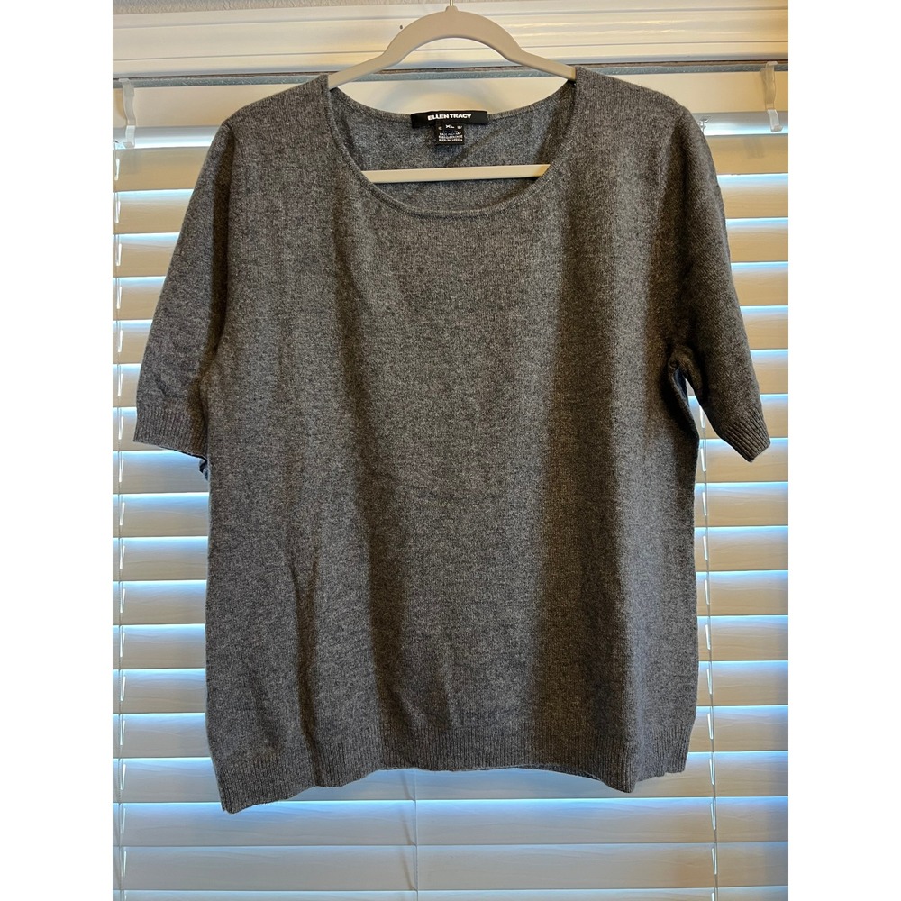 Ellen Tracy Sweater 100% Cashmere Gray Short Sleeve Crew Neck XL Minimalist